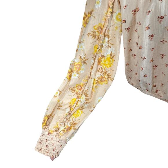 American Eagle Medium Crop Top Floral Button-Up Balloon Sleeves V-Neck Ruffle - Picture 5 of 11